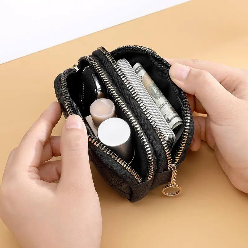 Double Layer Coin Purse Anti-scratch PU Material Mini Zipper Key Card Holder for Commute Shopping Trips