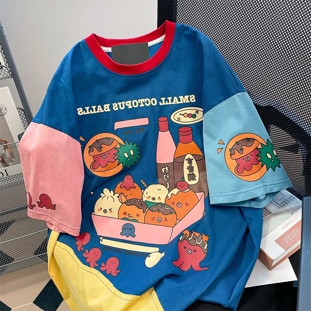 Japanese Harajuku Sweet Women Vintage Cartoon Print Short Sleeve T-shirt Summer Patchwork Tees Y2k Tops Aesthetics Clothes Chic