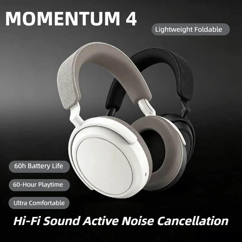 

Беспроводные накладные складные Bluetooth-наушники MOMENTUM 4 с адаптивным шумоподавлением (ANC), 60 часов работы, быстрая зарядка USB-C, белые