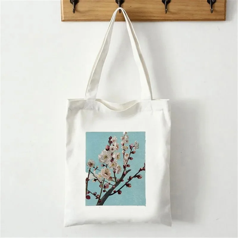 Vintage Plum Blossom Print Canvas Tote Bag White Aesthetic Floral Shoulder Bag Casual Handbag for Women