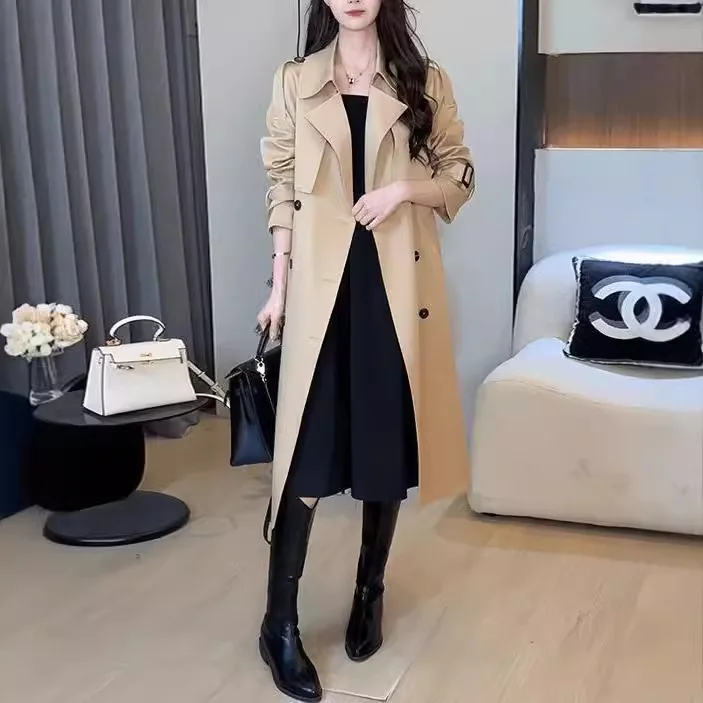 المرأة أزياء الخريف ضئيلة معطف واقٍ من المطر الصلبة بدوره إلى أسفل طوق طويلة الأكمام حزام الديكور مزدوجة الصدر معاطف الإناث #2