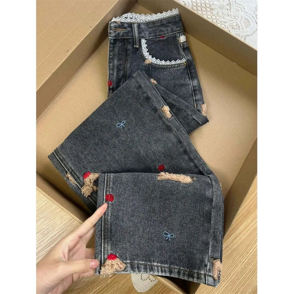 

High Waist Patchwork Lace Straight Jeans Spring Embroidery Dog Denim Trousers Women Slim Pipe Pants Cowboy runway Ladies