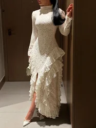 Customized Prom Dress Elegant Vintage Sweet Ivory Mermaid Lace Ruffle Slit Fashion Formal Occasion High quality Retro Sexy