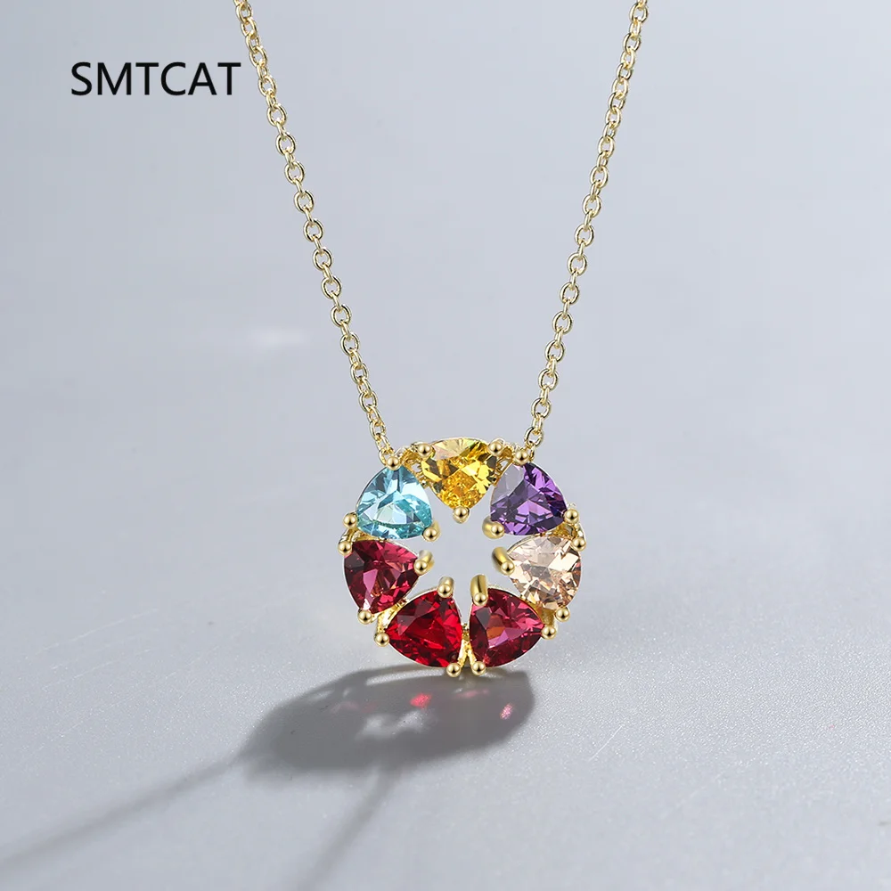 

Heart Cut Blue Topaz Amethyst Citrine Garnet Ruby 925 Sterling Silver Rainbow Wreath Pendant Necklace Colorful Gemstone Jewelry