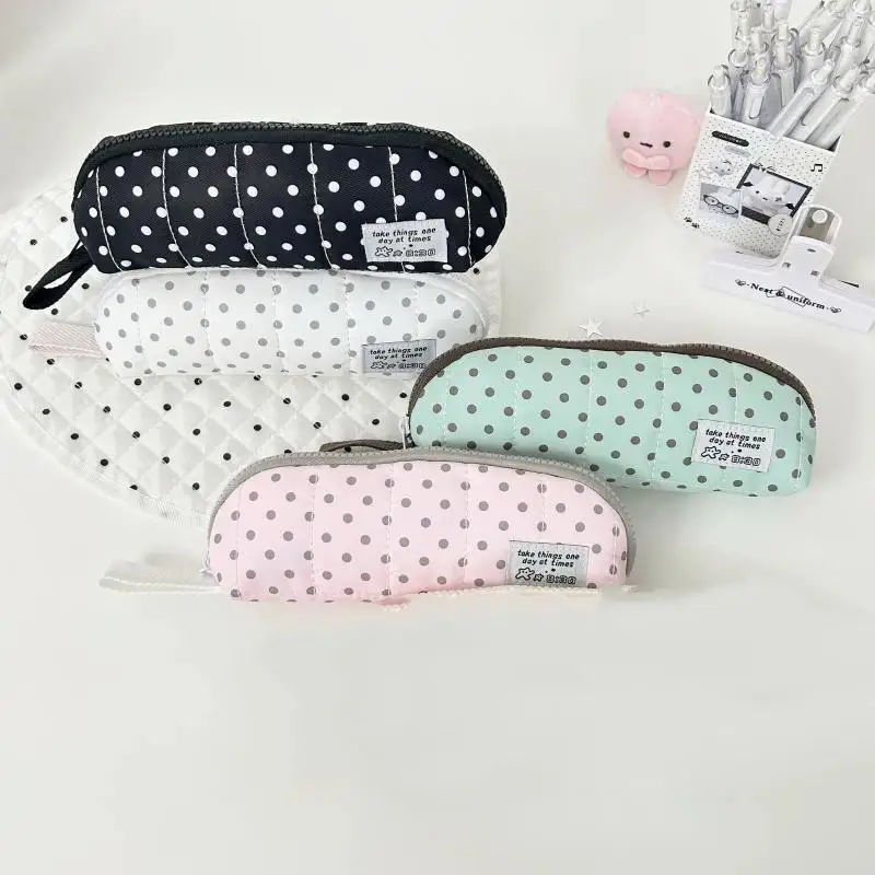 Korean Aesthetic Dot Print Handheld Pencil Pouch Large Capacity Portable Student Office Stationery Organizer Bag