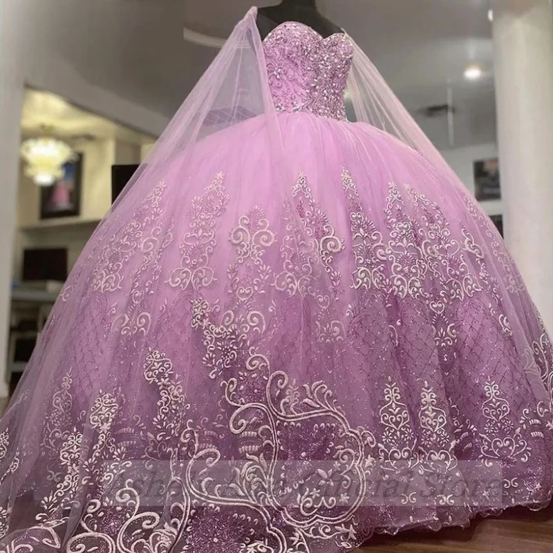 Real Picture Lilac Quinceanera Dress With Sleeve Cape Ball Gown Sweet 16 Prom Party Gown Christening Pageant Vestido De 15 Anos