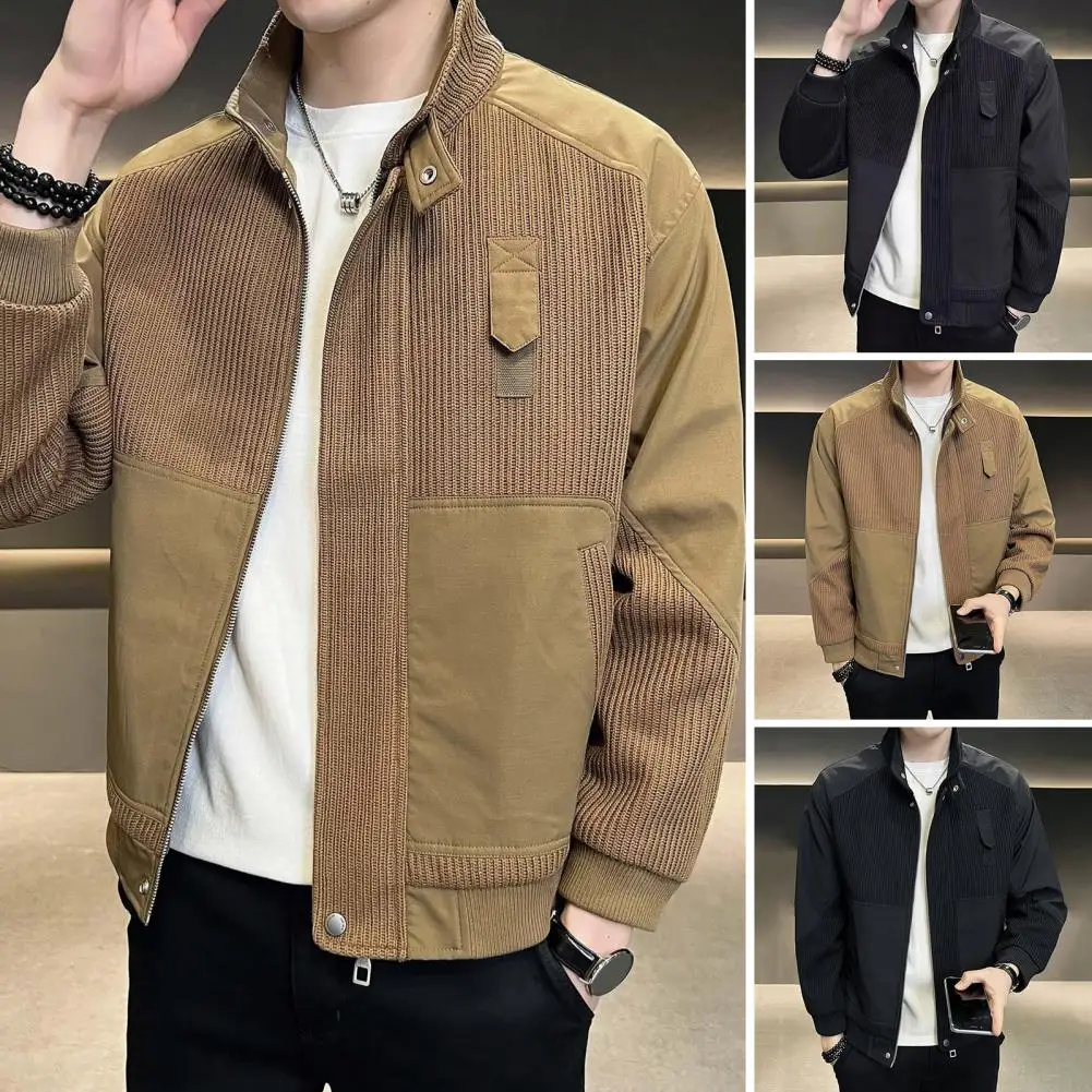 

Men Retro-style Jacket Retro Corduroy Stand Collar Jacket Solid Color Windbreaker Coat for Men Long Sleeve Zipper Placket Short