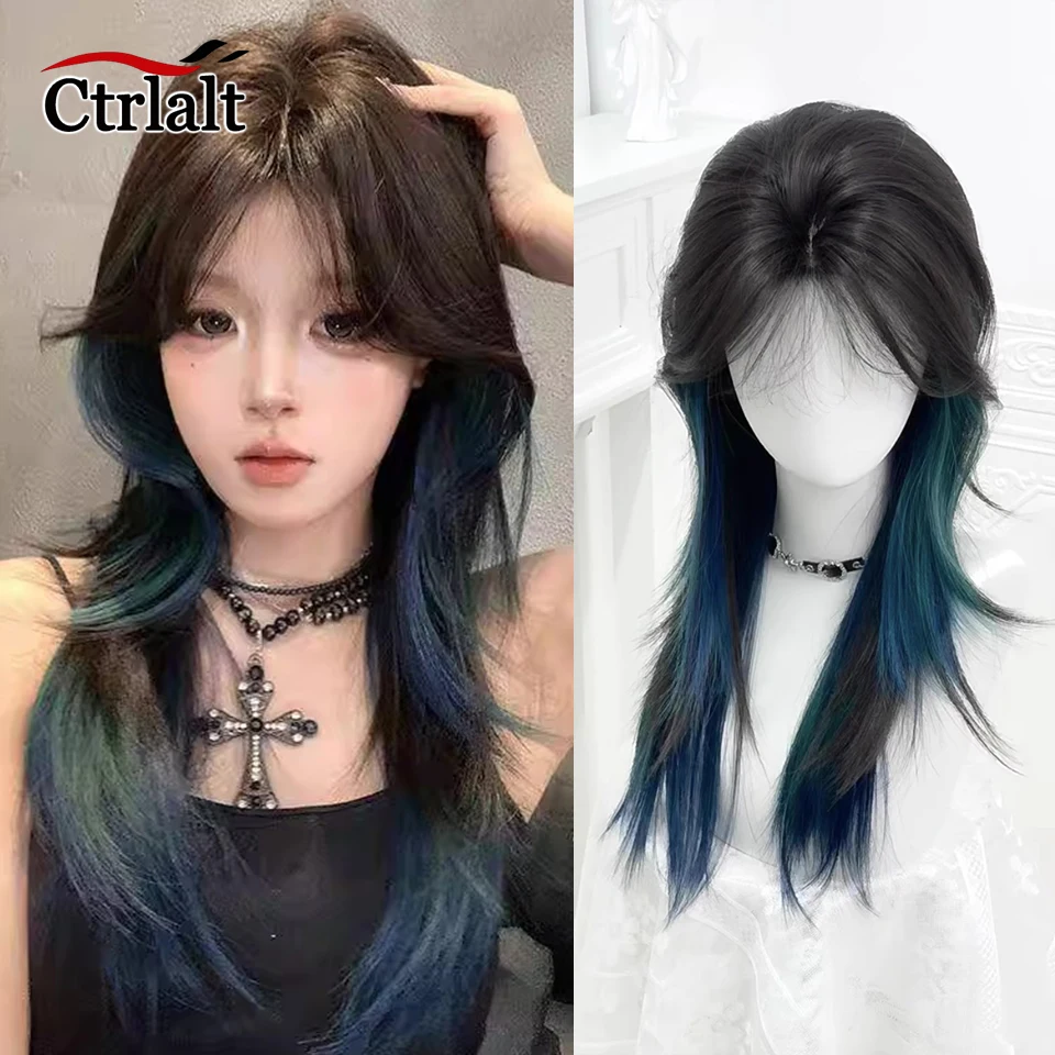 Perruque synthétique bleue pour femme, cheveux longs et lisses, à reflets, tête de mulet de méduse, perruque de Cosplay