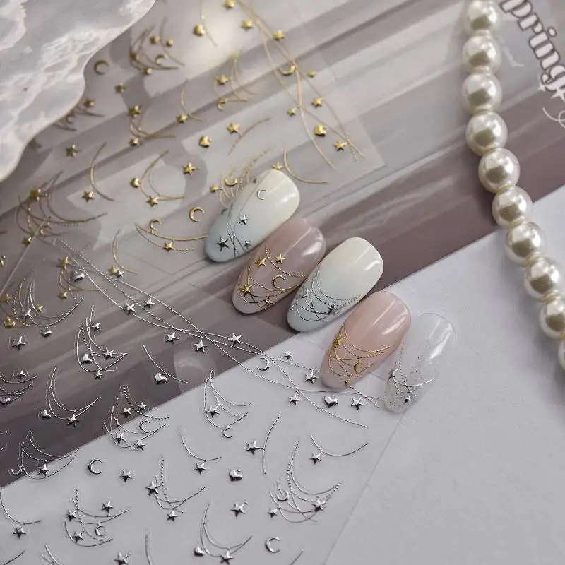 1Pcs 5D French Star Moon Chains Nail Art Stickers Gold/Silver Curved Lines,Starlight Nails Slider Self-Adhesive Manicure Decal