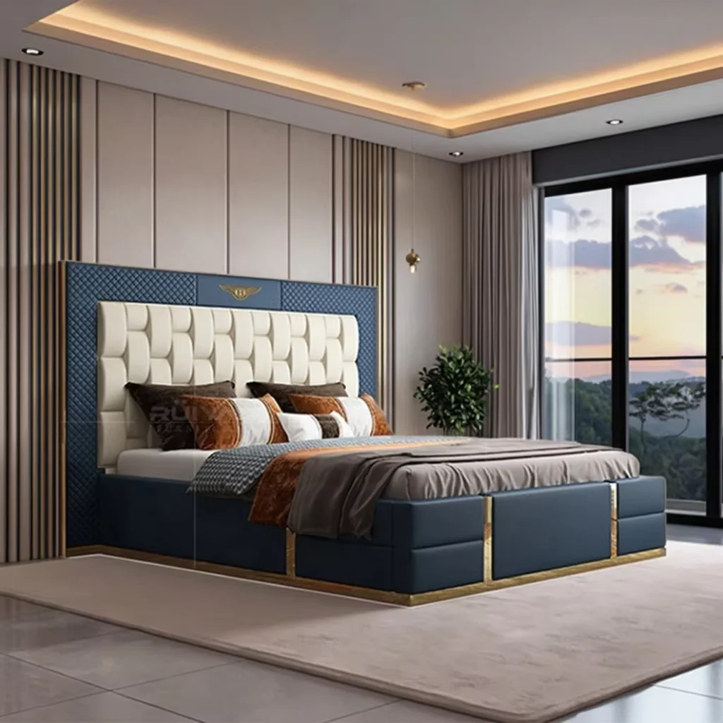 

Modern California Leather King Bed 1.8 M Solid Wood Leather Upholstered Beds Leather Bed Modern