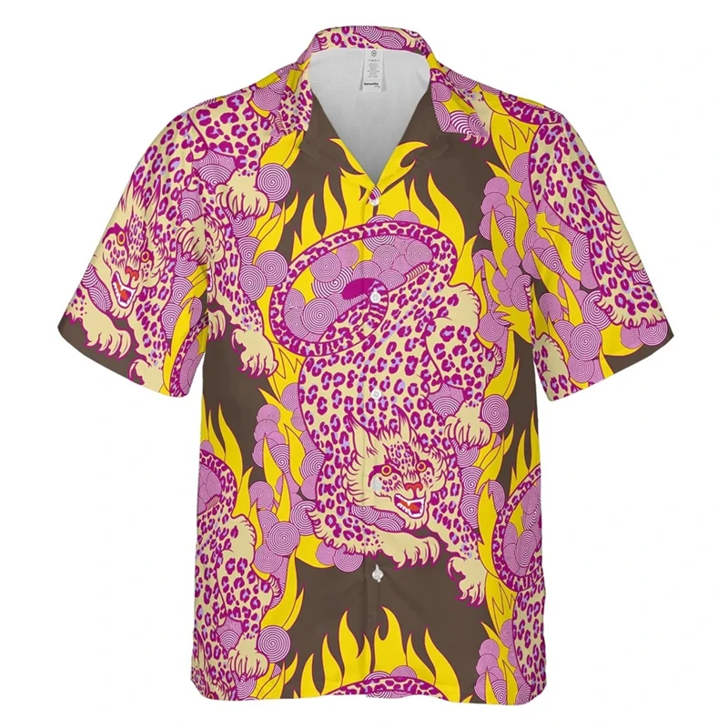 

Seaside Holiday Men's Short Sleeve Lapel Shirts New Fashion Leopard Print Harajuku Hawaiian Beach Blouse Camisa Male Casual Tops