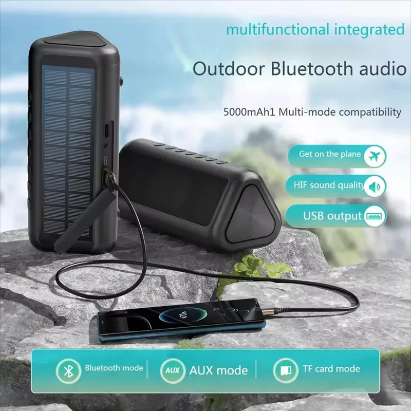 HiFi Portable Solar Powered Bluetooth Speaker 5000mAh Battery Emergency Power Bank Support TF Card AUX Input for Outdoor Camping