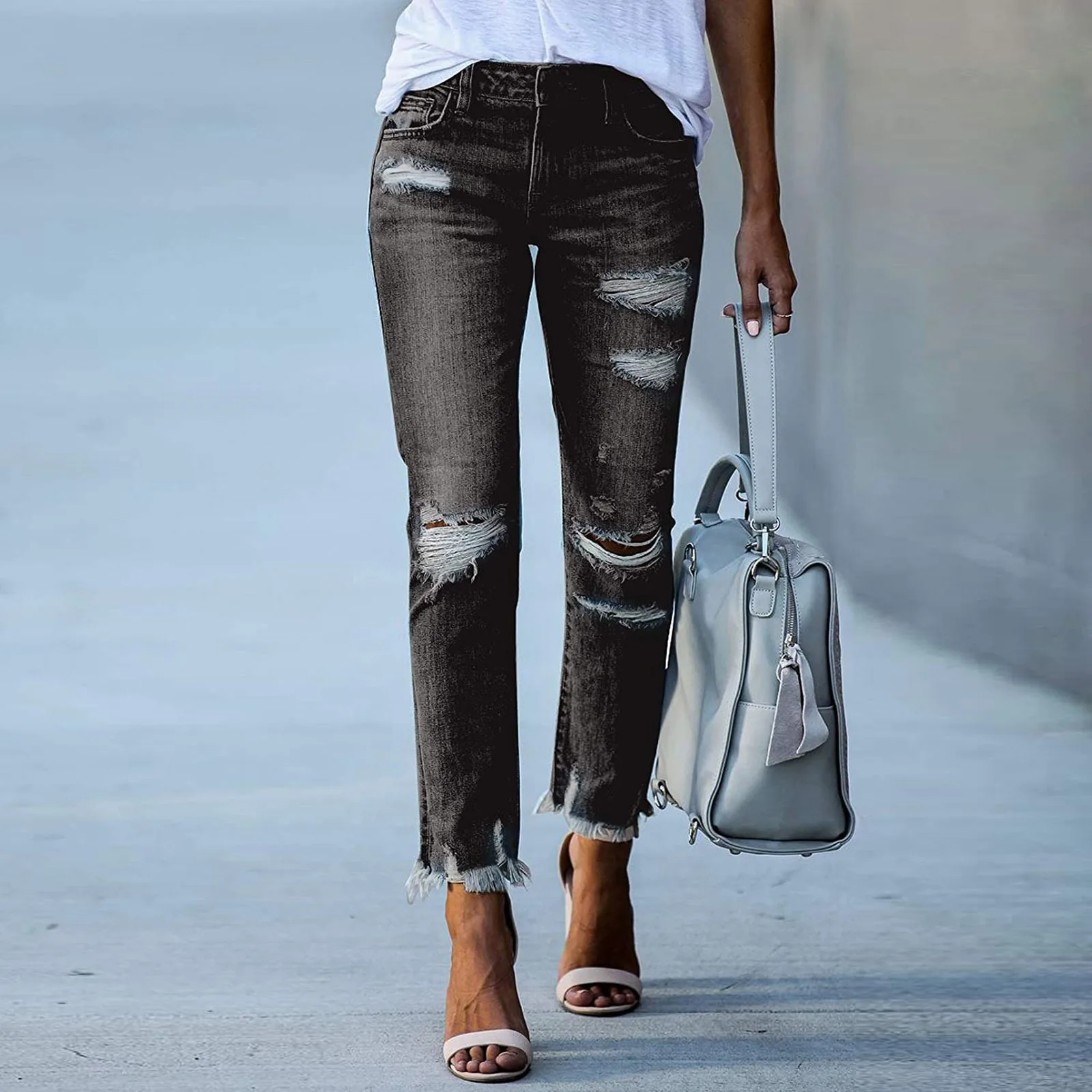 

New Women's Slim Fit Solid Color Ripped Hole Jeans
