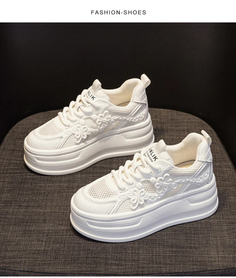Womens White Mesh Platform Sneakers Breathable Thick Sole Casual Shoes With Flower Embroidery Lightweight Non Slip For Summer Da