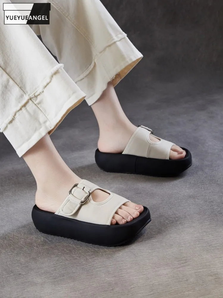 Women Summer Sheepskin Genuine Leather Slippers Open Toe Slip On Slides Outside Height Increasing Thick Platform Slippers Shoes