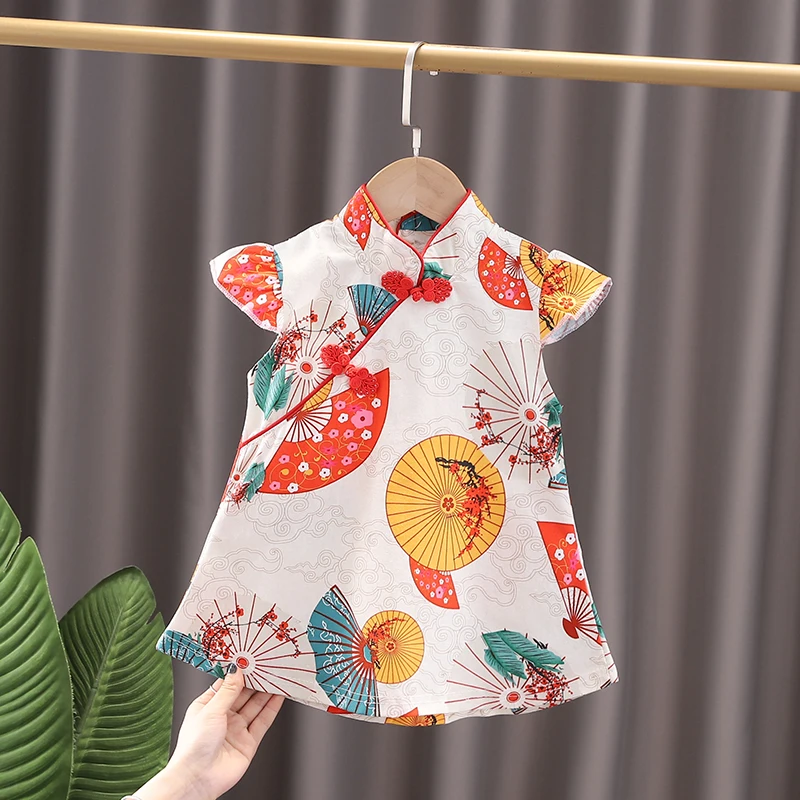 Chinese Style Children Girl Qipao Skirt Summer Clothes Baby Full Printe Pattern Dress Kids Sport Toddler Tracksutis 0-6 Years