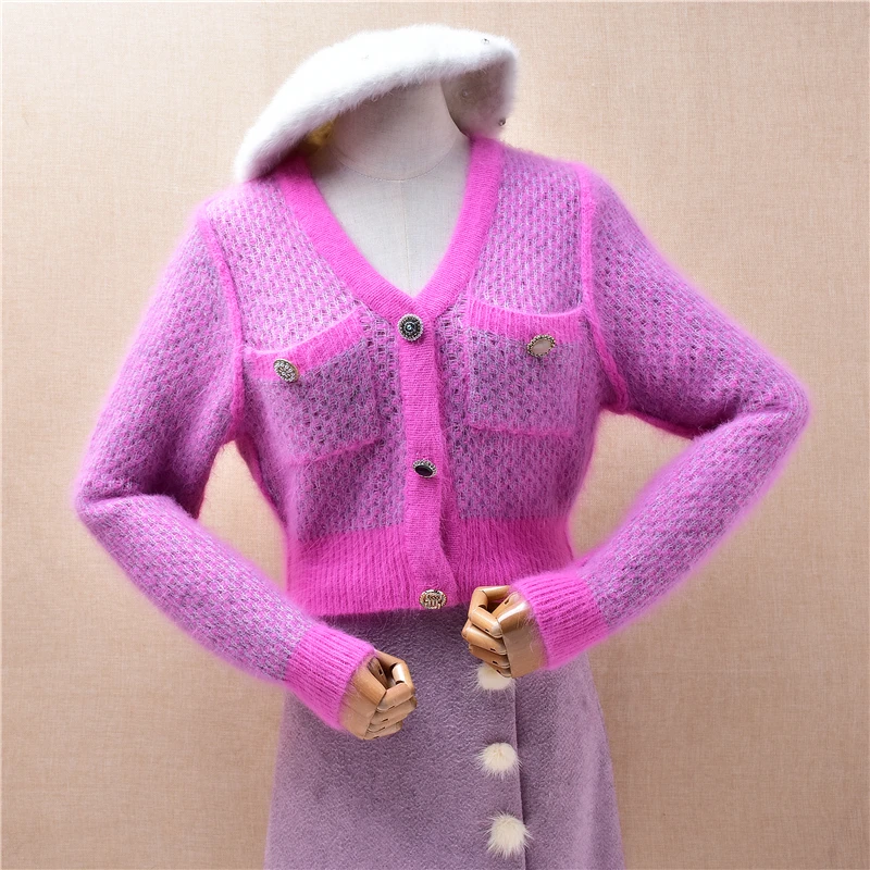 

Ladies Women Fall Winter Clothing Fashion Pink Hairy Plush Mink Cashmere Knitted Slim Cardigans Angora Crop Top Sweater Jacket