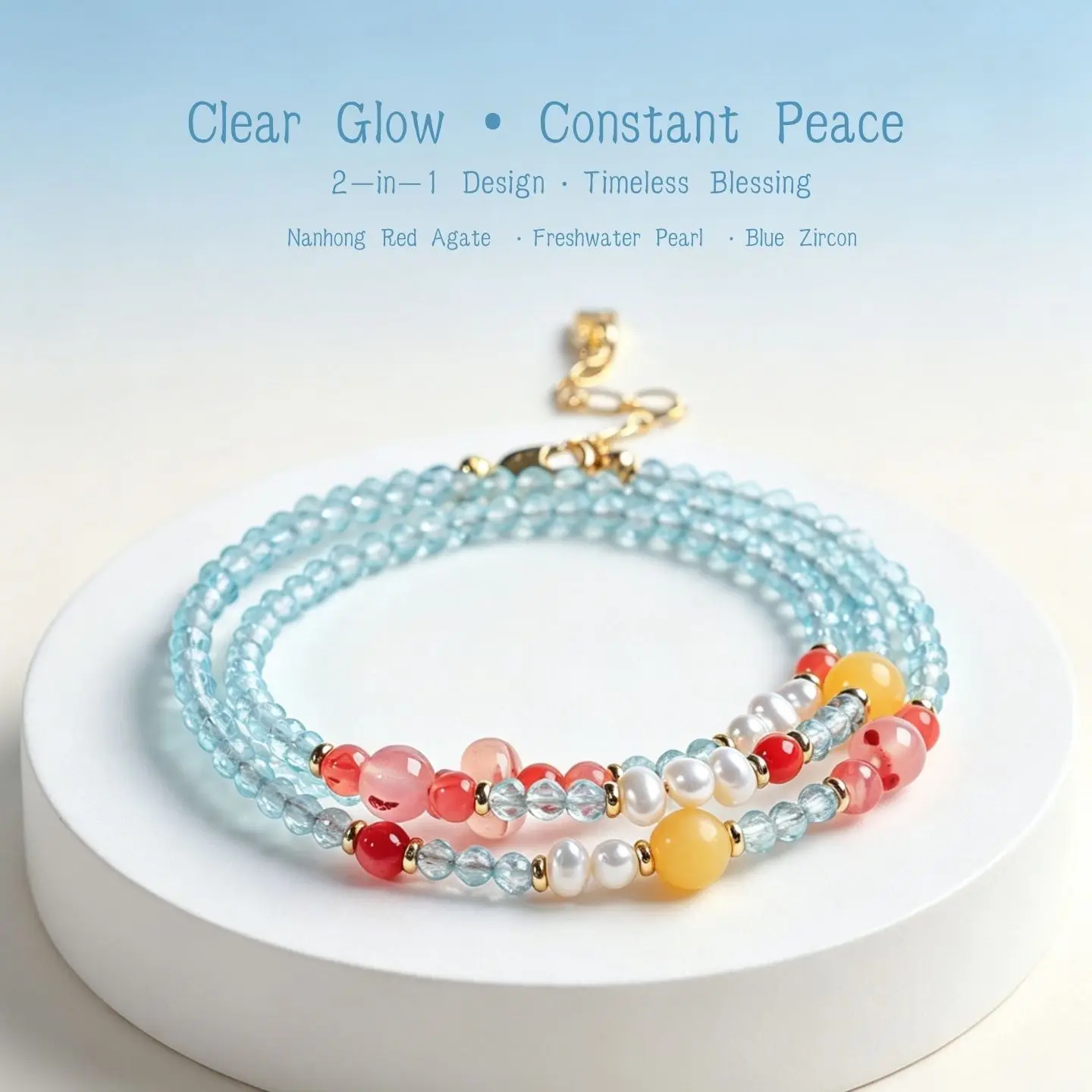 

2-in-1 Multi-wrap Bracelet Necklace Chinese Style Luxe Healing Jewelry Nanhong Red Agate Pearl Blue Zircon Gift Women Office