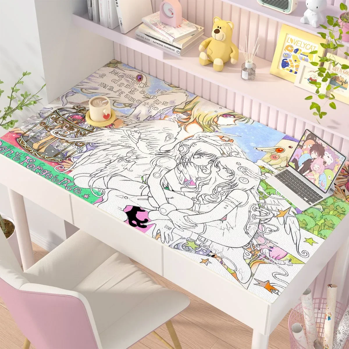 Leather Desk Pad Protector Anime Angel Wings Girl Y2K Kawaii Mouse Pad Office Desk Mat Waterproof Non-Slip PU Desk Blotter Pad