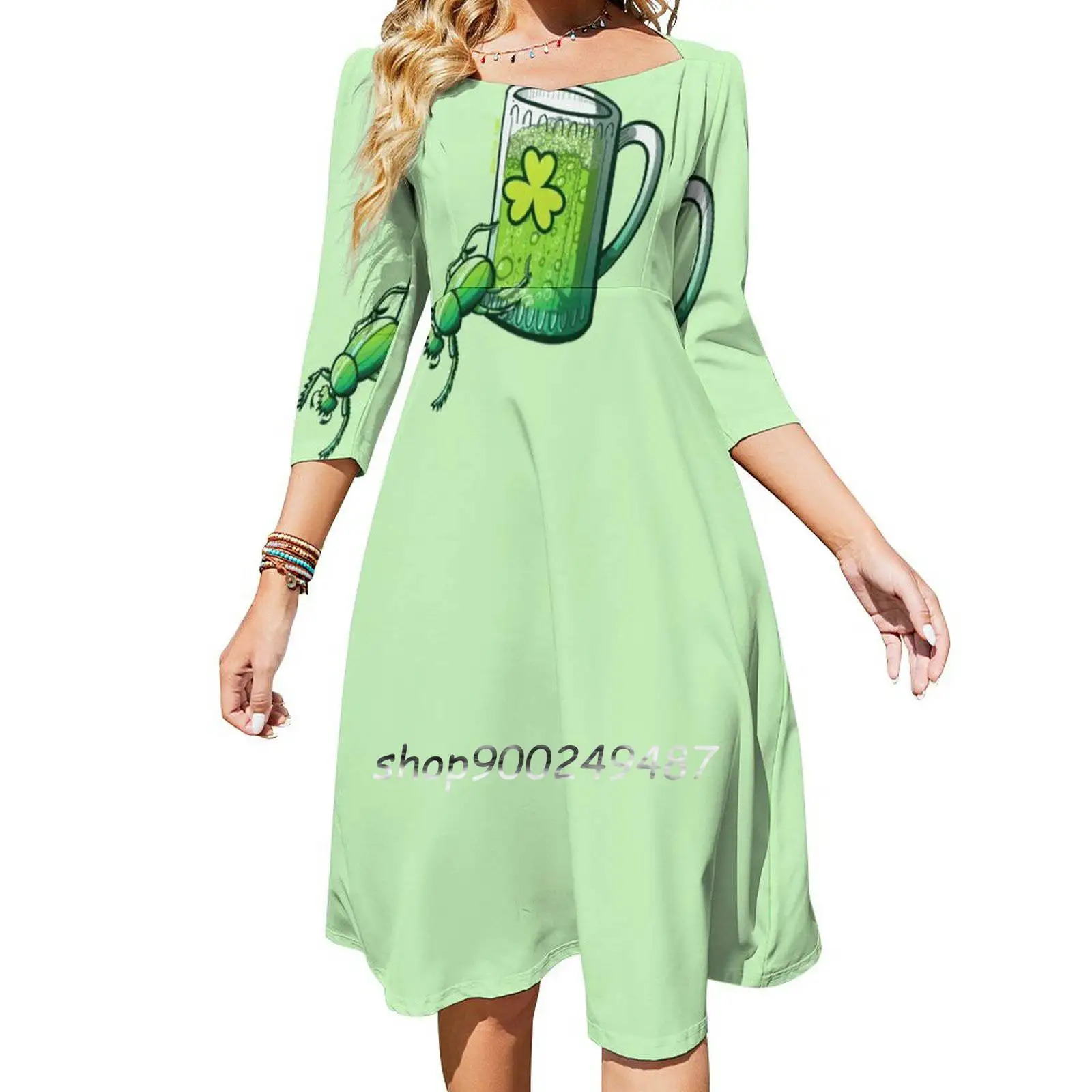 Saint Patrick'S Day Beetle Square Neck Dress New Plus Size Elegant Women Waist Tight Dress Green Beetles St Paddys Day Patrick