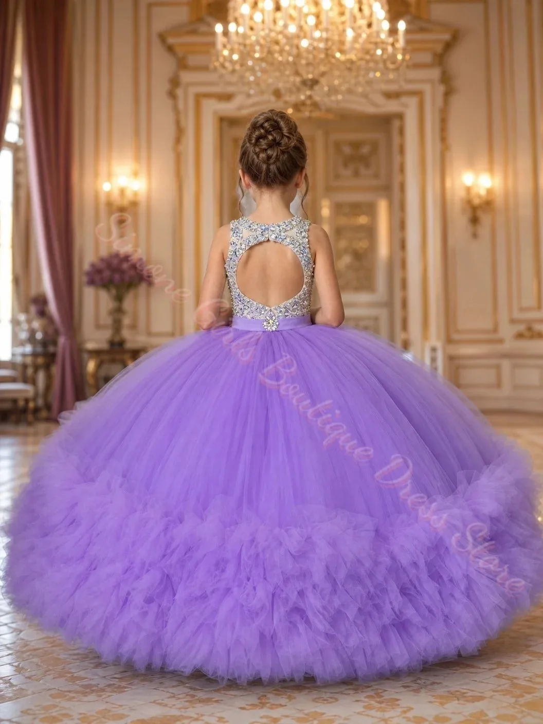 Großhandel Blumenmädchenkleid für Hochzeiten, Tüll, bauschig, mit Perlen, ärmellos, elegant, für Geburtstagsfeiern, Erstkommunion, Ballkleider, nach Maß – Detail 3