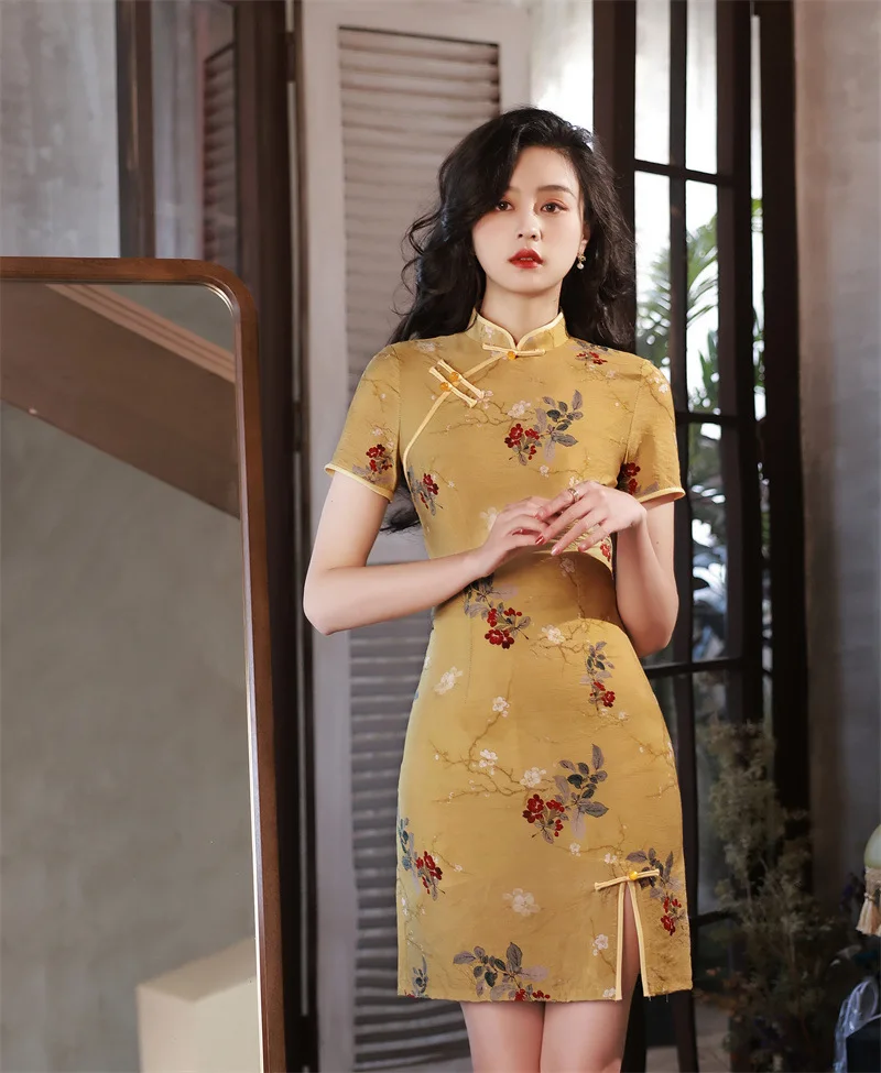 

2023 Yellow Short Cheongsam ,Cotton Slim Women Dress Elegant Traditional Evening Dresses ,front Split High Quality Qipao
