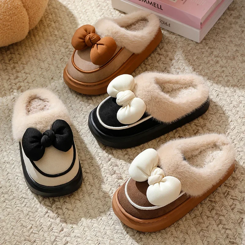 Modische Damen-Winterhausschuhe mit Schleife, Plüsch, warm, rutschfest, für den Innenbereich, Hausschuhe für Damen, dicke Sohle, Kunstfell-Baumwollschuhe