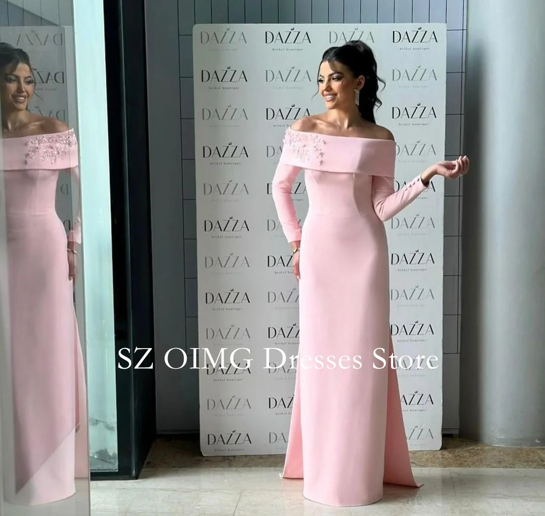 OIMG Saudi Arabia Crepe Satin Prom Dresses Off-Shoulder Dress Long Sleeves  Dress Formal Women Wedding Party Gowns Customized