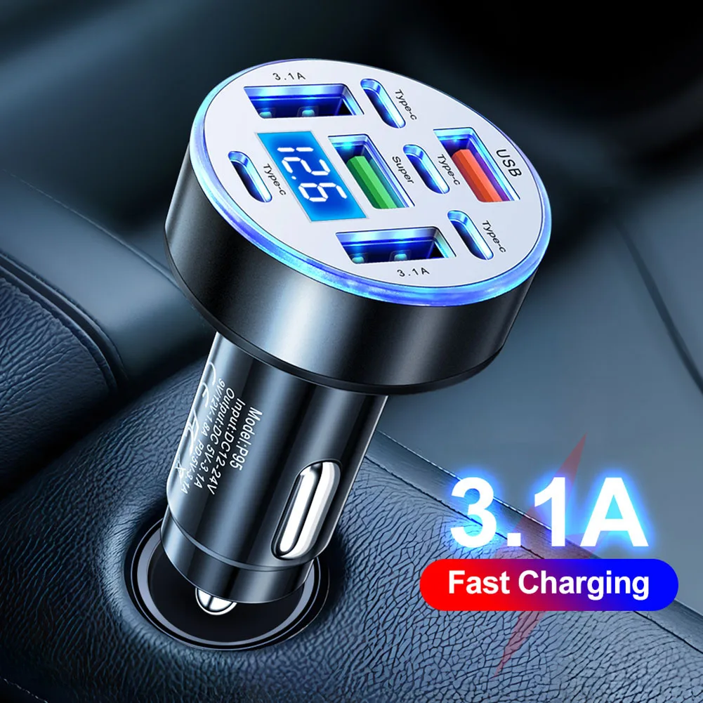 40W 8-In-1 USB Car Phone Charger Adapter Car Fast Charger Voltage DIgital Display 4USB + 4PD Black, White, Gold, Silver