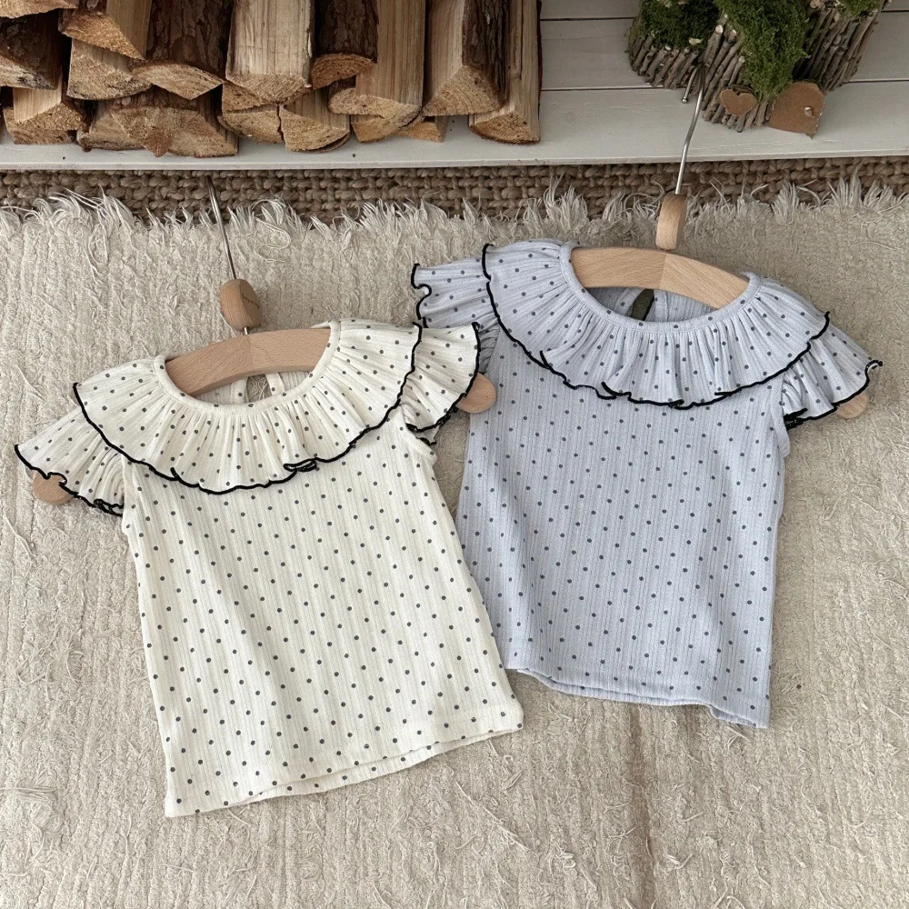 2026 Summer Baby Girls T-Shirts Polka Dot Short Sleeve Tops Korean Style Lapel Collar Infant Cotton Shirt Toddler Casual Clothes