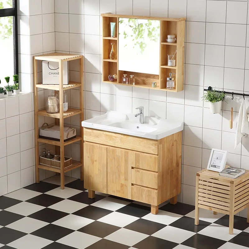 Floor-to-ceiling oak bathroom cabinet combination Nordic solid wood bathroom cabinet Bathroom washbasin basin basin cabinet
