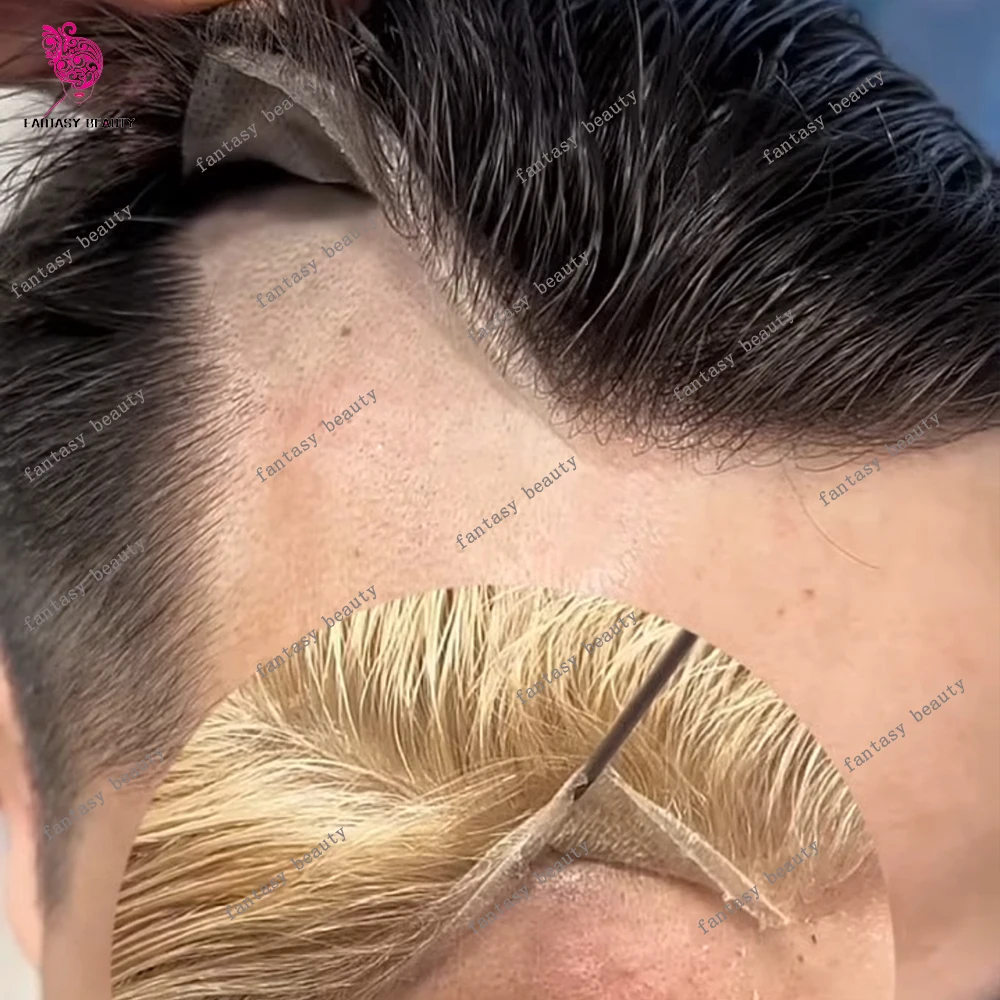 

80%Density Micro Skin 0.02mm Super Thin Poly 613# Blonde Human Hair Men's Toupee Gray Hair Replacement380# Natural Hairline Wigs