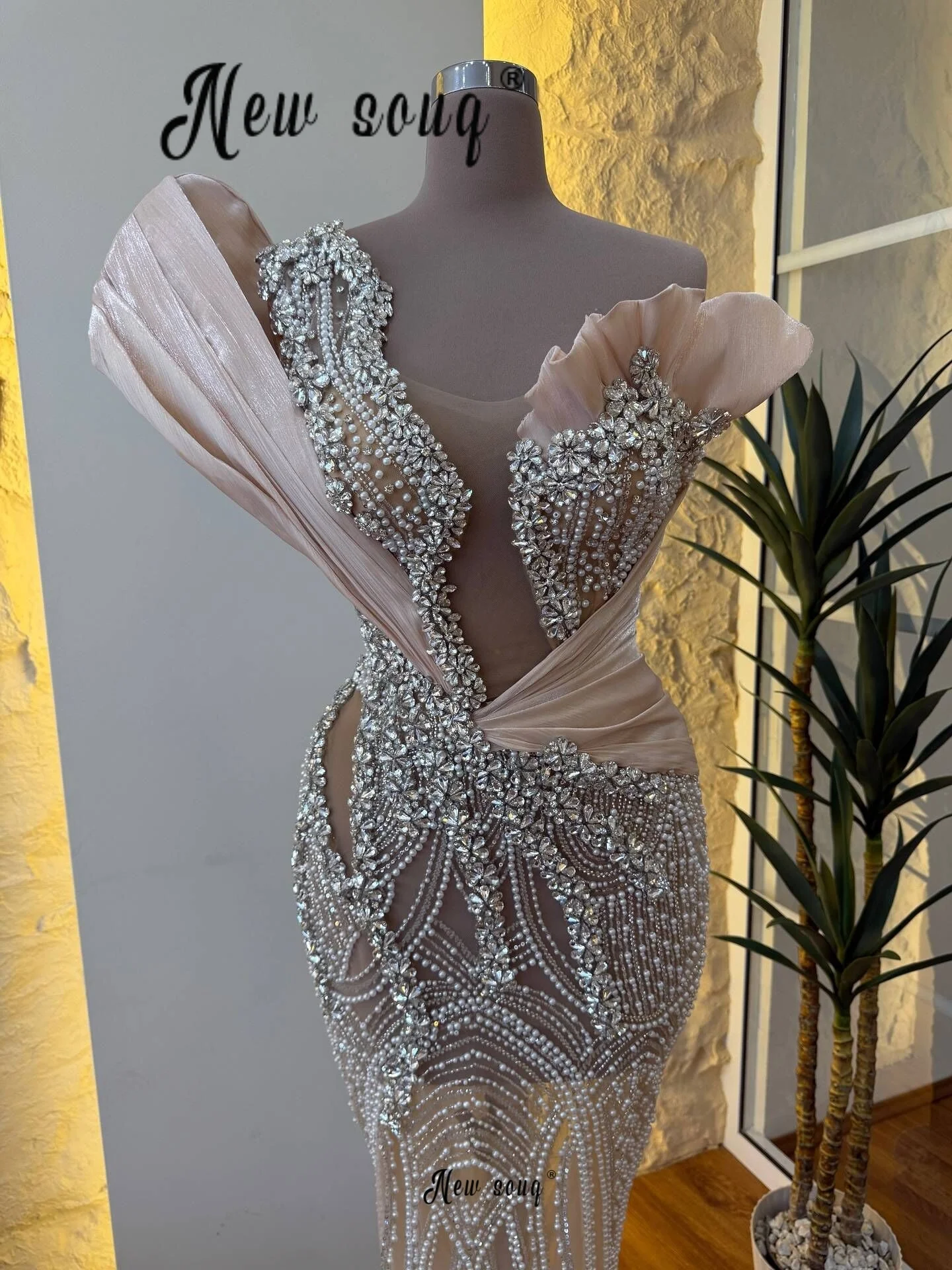 Vestidos de fiesta color champán claro bordado, vestidos de fiesta de lujo con cuentas de un hombro, vestidos para asistir a una boda personalizados