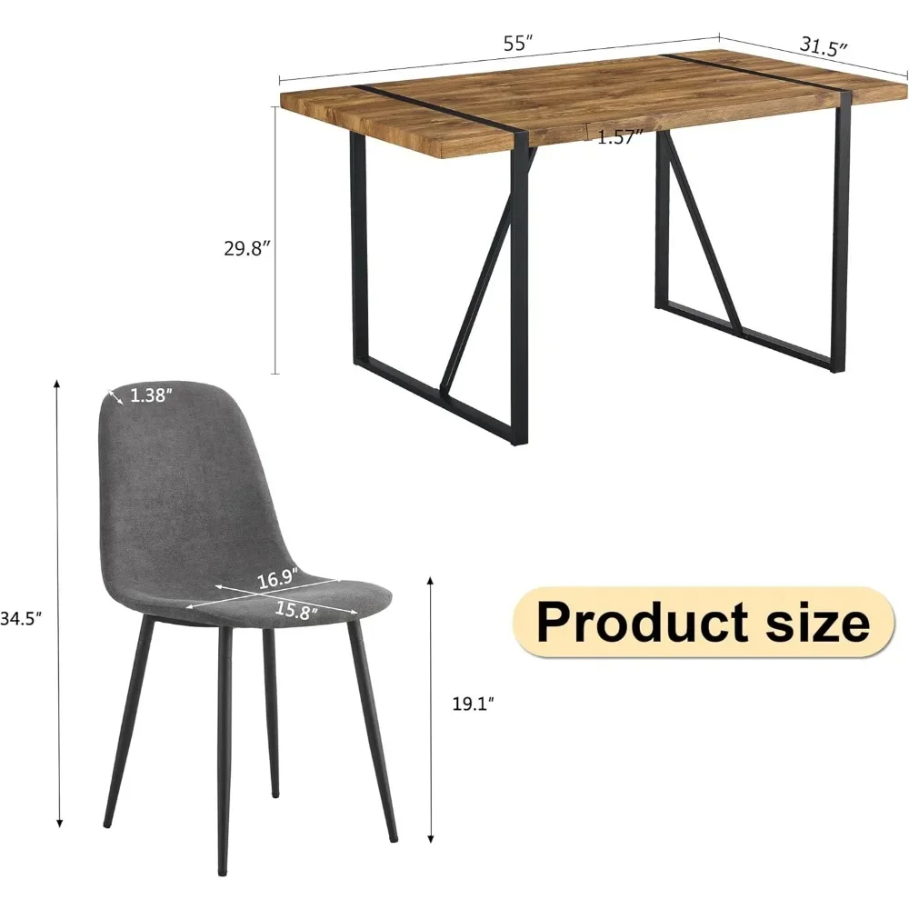 Rustic 5 Piece Dining Room Table Set for 4 People, Mid Century Modern 55 Inch Rectangle Wood Kitchen Dining Table