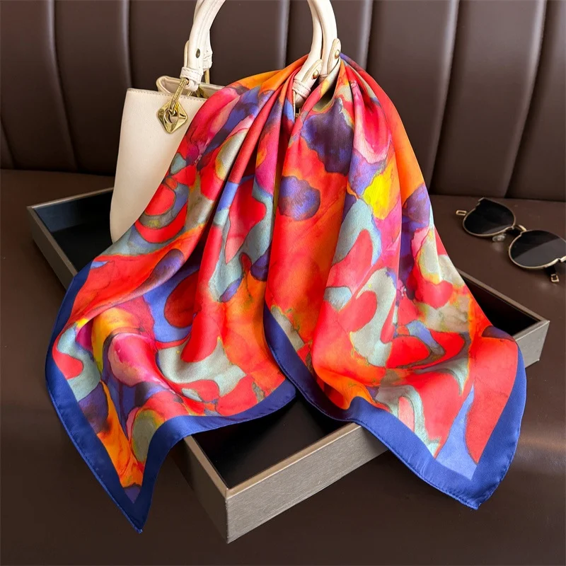 

Роскошный шелковый квадратный платок с принтом для женщин, 70 см, мягкий атласный шарф, тонкий шейный платок, модный солнцезащитный головной платок для женщин, лента для сумки