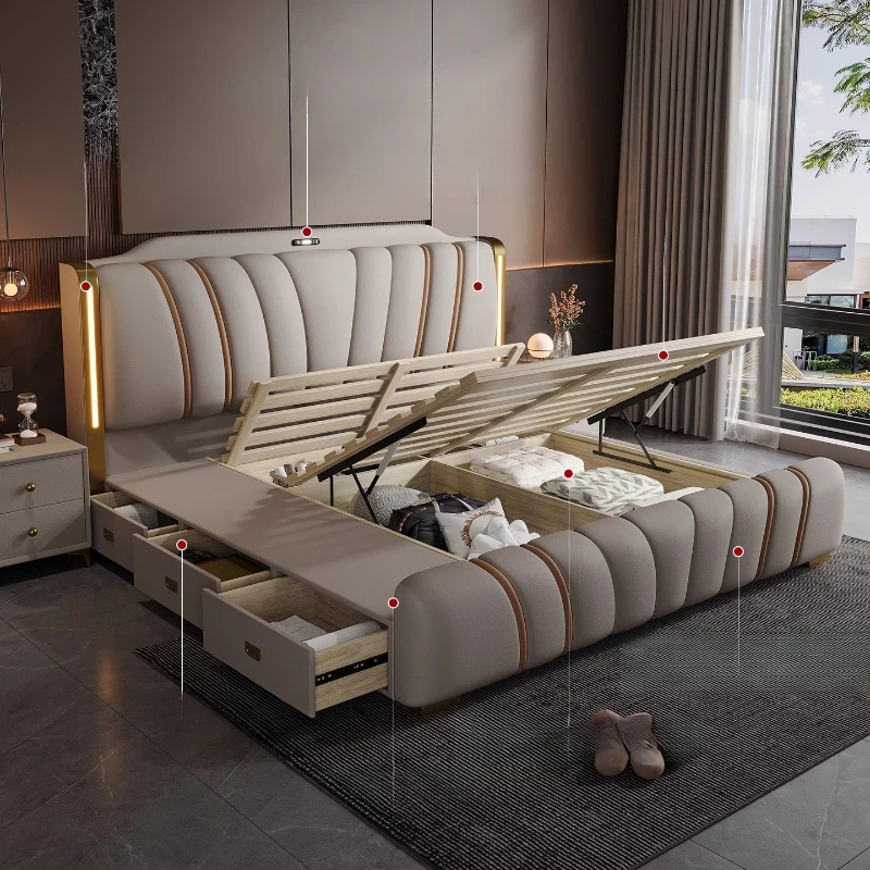 Bedroom Nordic Bed Storage Luxury Organiser drawers Multifonction Bed Frame double Hotel Letto Matrimoniale Home Furniture