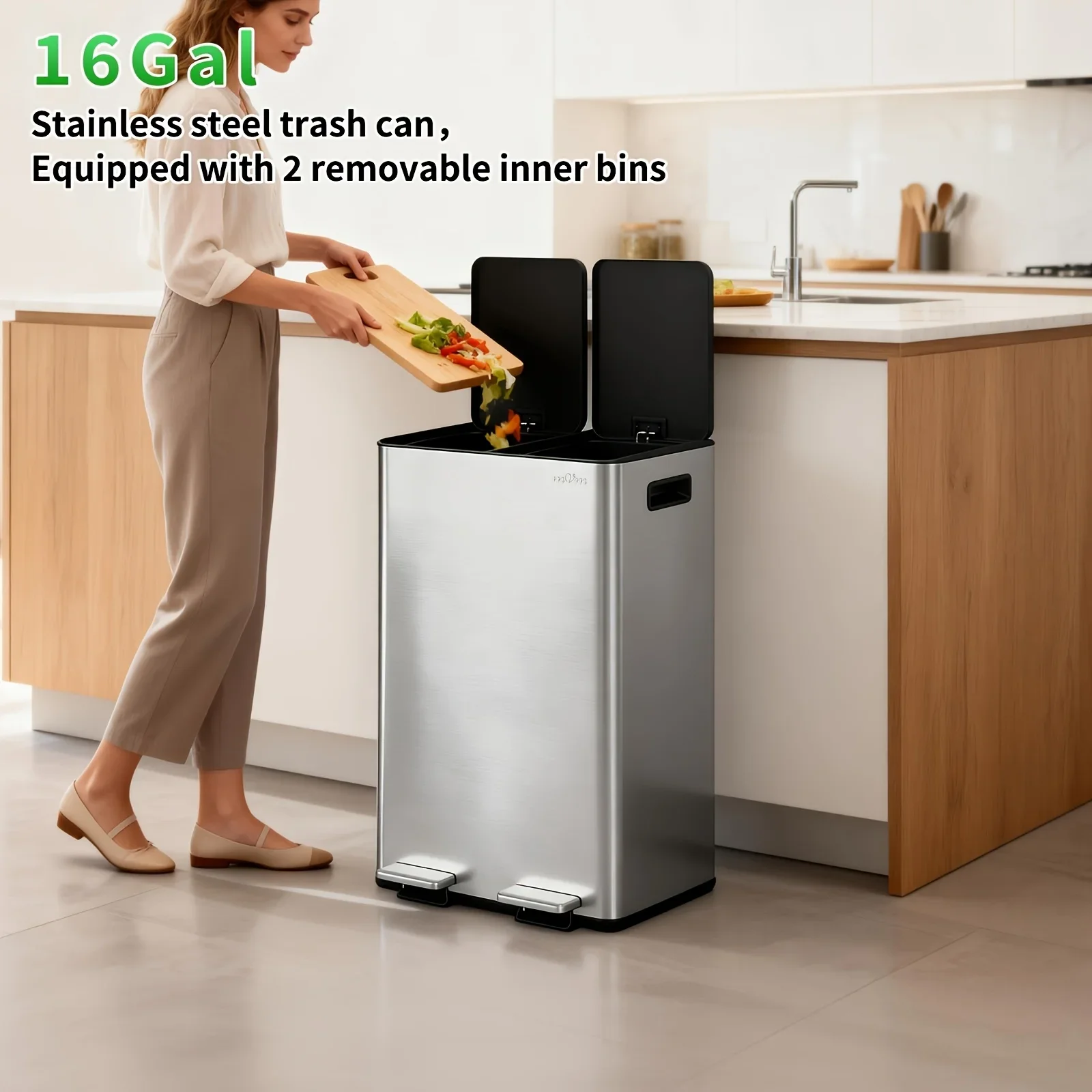 

16-gallon Stainless Steel Double-compartment Walk-in Trash Can, Equipped with 2 Detachable Bins, Silent Closing Lid