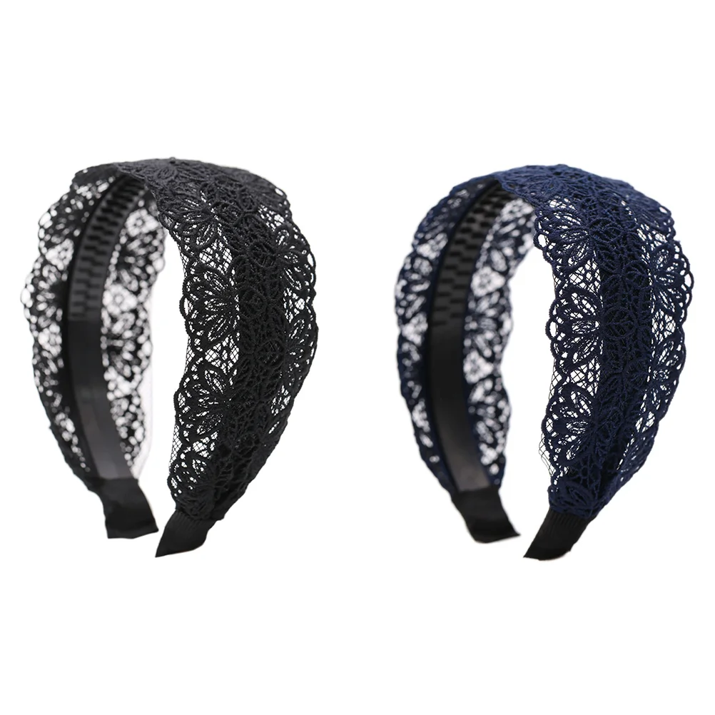 2pcs Lace Headband Hair Wide Headwear Non-slip Headband Fashion Headbands Hair Accessories for Women Girls (Black and Navy Blue)