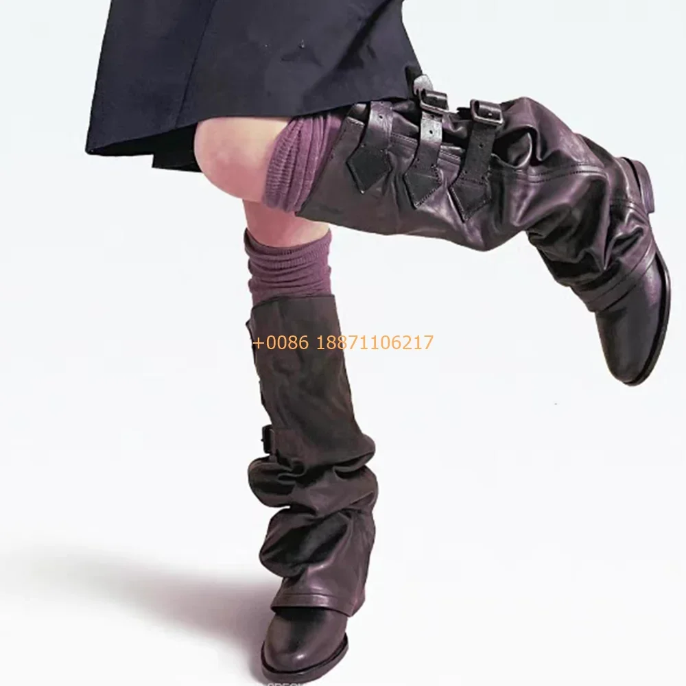 Genuine Leather Round Women\'s Boots 2024 Street Belt Buckle Solid Color Fashion Casual Trouser Boots Pleated Retro Mid-Calf Boot