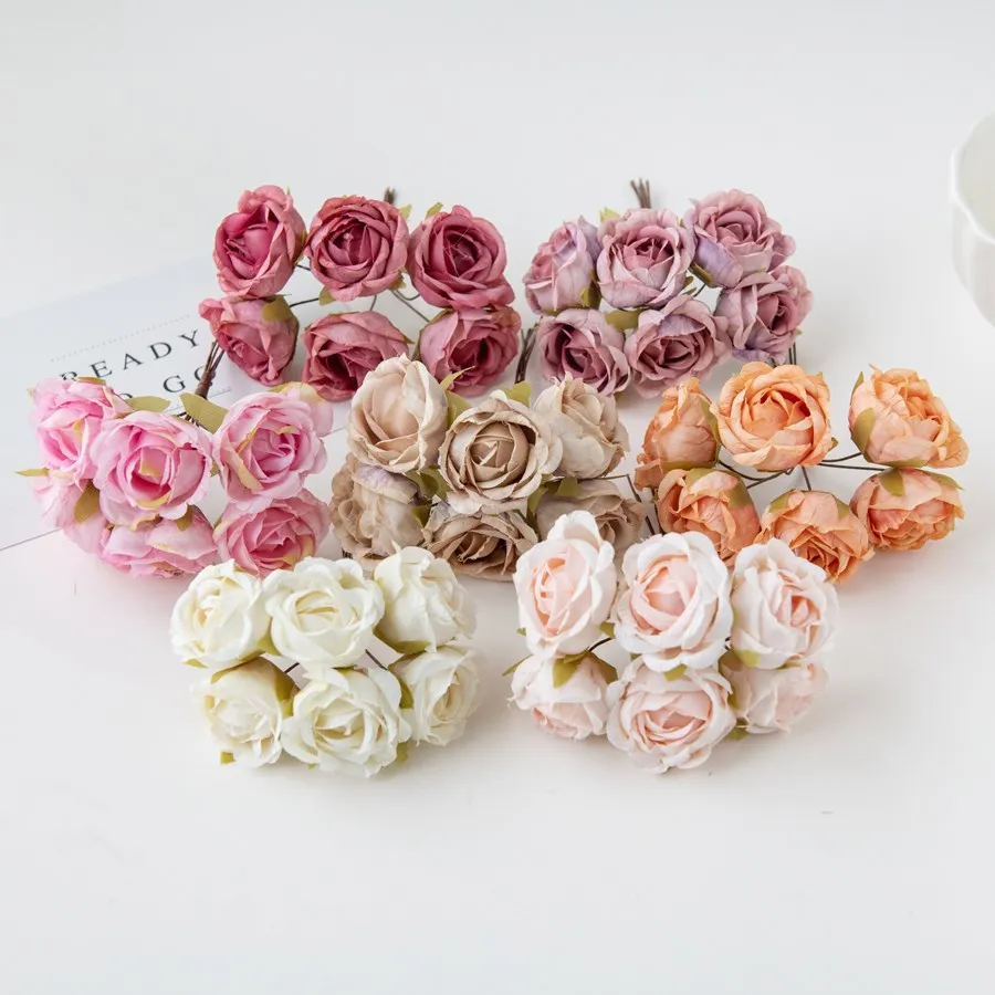 12Pcs Artificial Flowers Silk Tea Rose Wedding Bouquet Wreath Scrapbooking for Home Valentine Decoration Diy Holiday Accessories