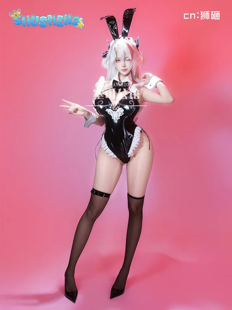 Prinz Eugen Azur Lane KMS Prinz Eugen Cosplay Costume Black sexy leather jumpsuit headwear socks Halloween party bunny girl suit view 5