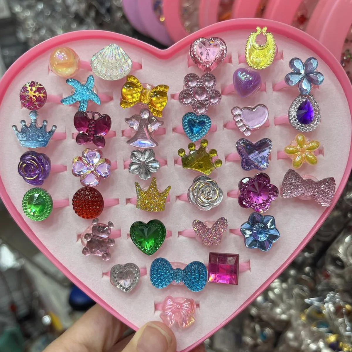 12/36pcs/box Imitation Crystal Acrylic Kids Rings Adjustable Child Girls Bow Heart Flower Finger Rings Children Sweet Gifts