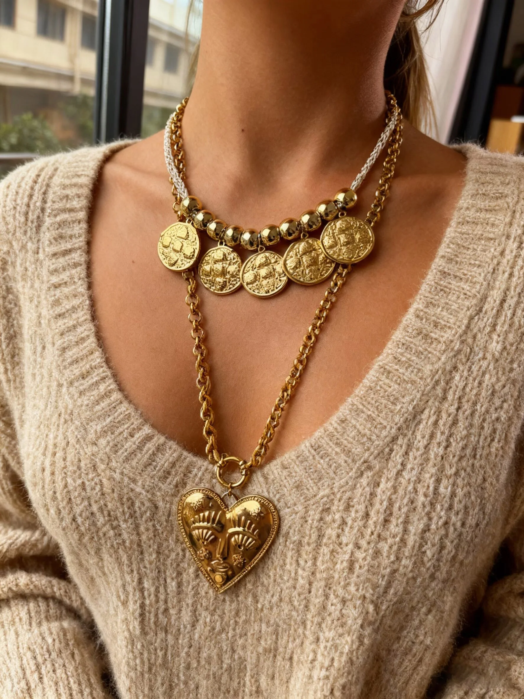 GHIDBK Fashion High end Stackable Rope Chain Metal Heart shaped Coin Pendant Necklace Elegant Charm Light Luxury Women's Jewelry