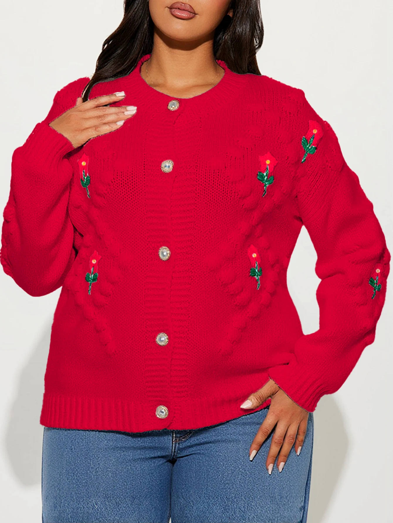 سترة نسائية مزهّرة بأكمام طويلة ورقبة على شكل حرف V وصدر واحد لطيف كاجوال للخريف والشتاء ملابس يومية مفتوحة من الأمام تريكو