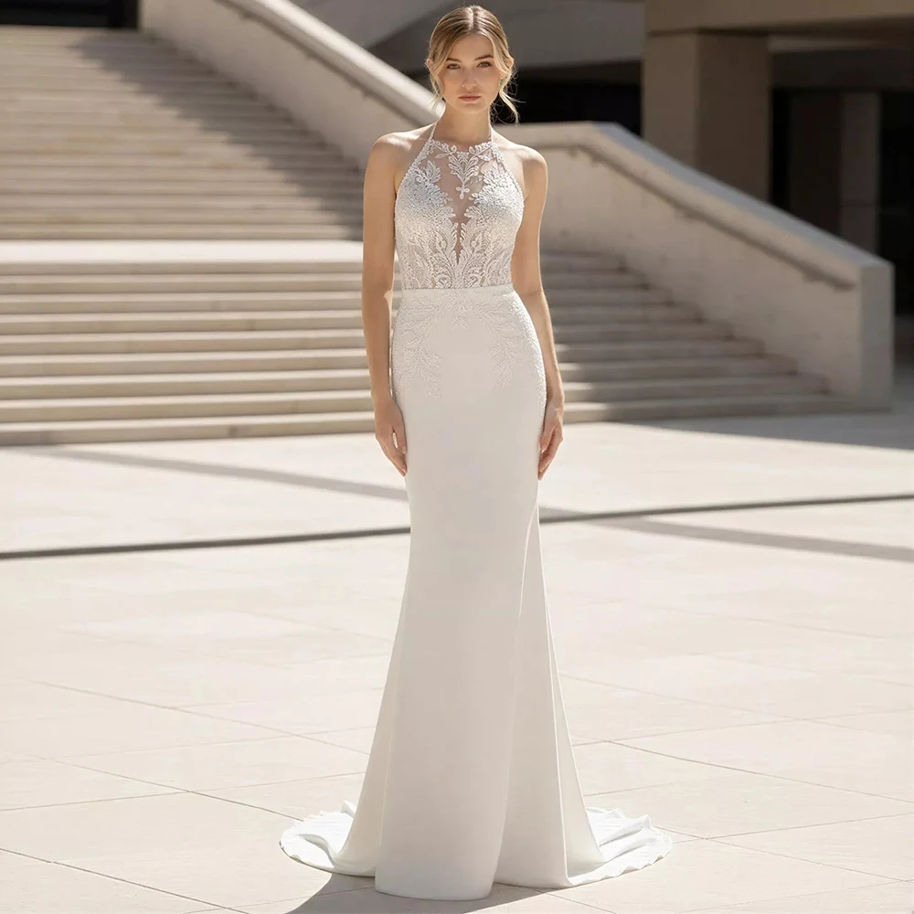 

Romantic Jersey Sleeveless Mermaid Wedding Dress with Court Train Women Appliques Lace Halter Backless Bridal Dress Customized