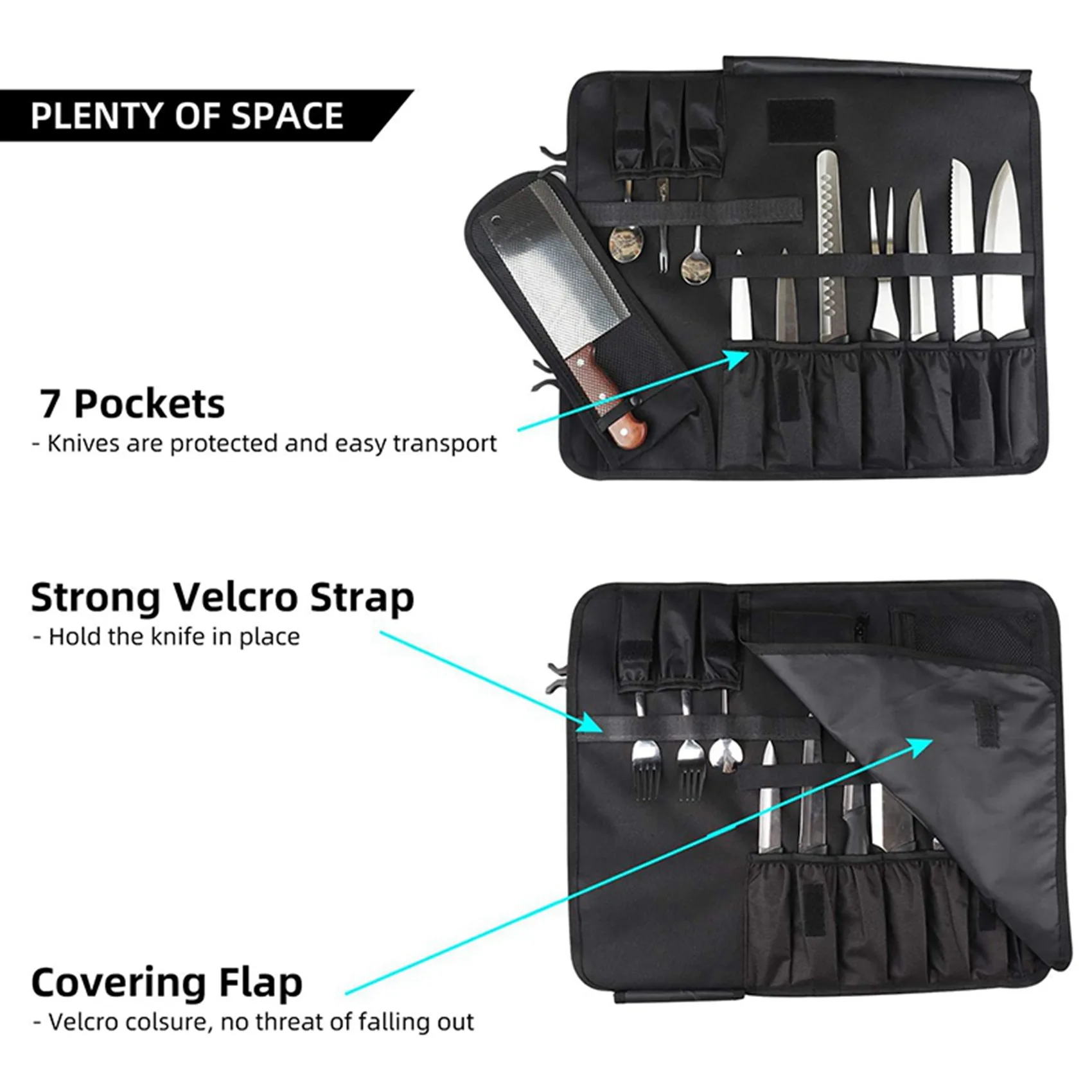 WESSLECO 2X Chef Knife Bag Roll Bag Carry Case Bag Kitchen Cooking Portable Durable Storage Pockets