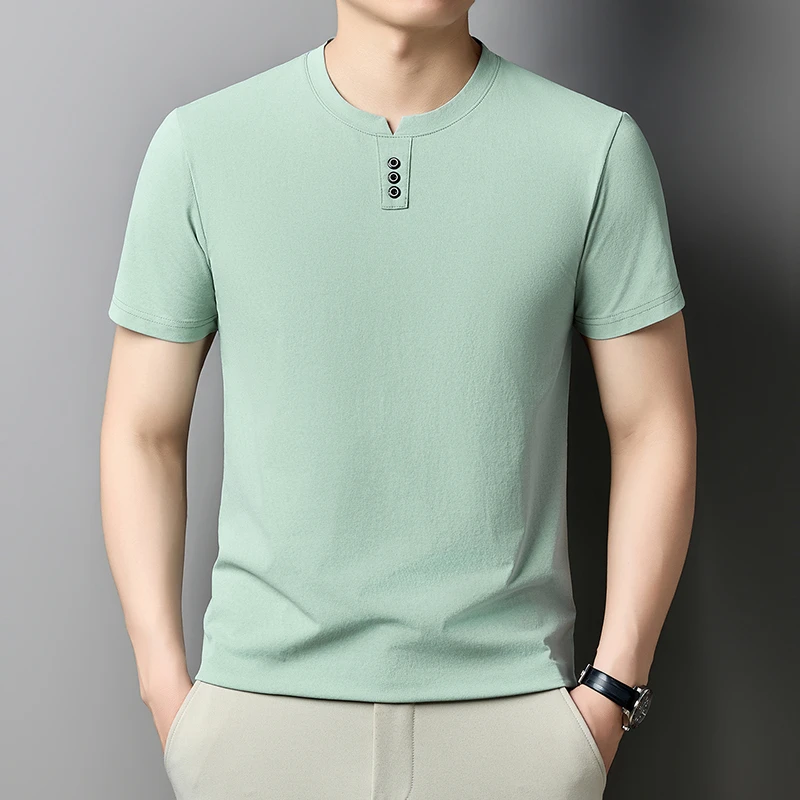 Herren Casual Kurzarm Henley T-Shirt mit V-Ausschnitt und drei Knöpfen, leichte, atmungsaktive T-Shirts für Herren, Alltagsoutfits. – Detail 24
