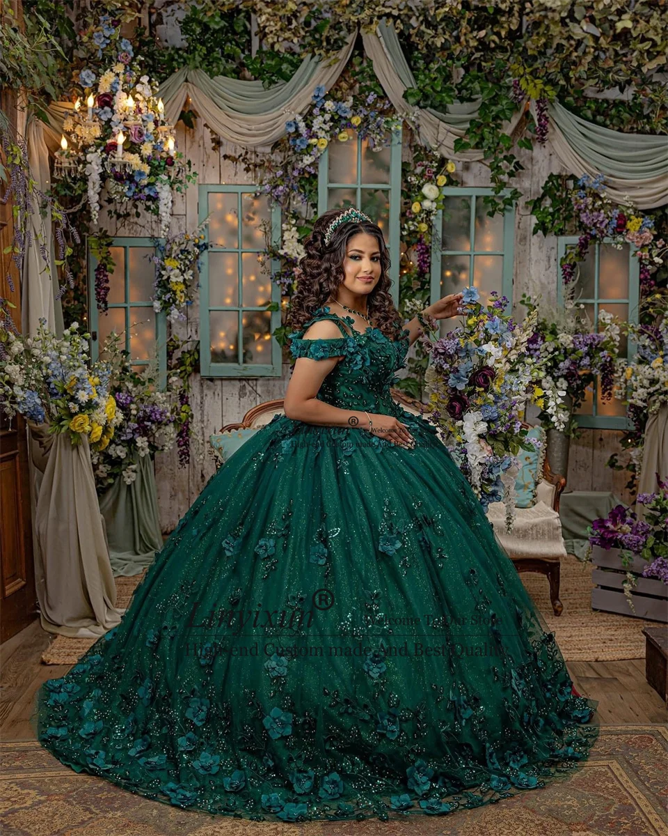 Elegant Mexican Emerald Green Quinceanera Dress Ball Gown Gold Lace Applique Beaded Corset Sweet 16 Vestidos De XV 15 Anos