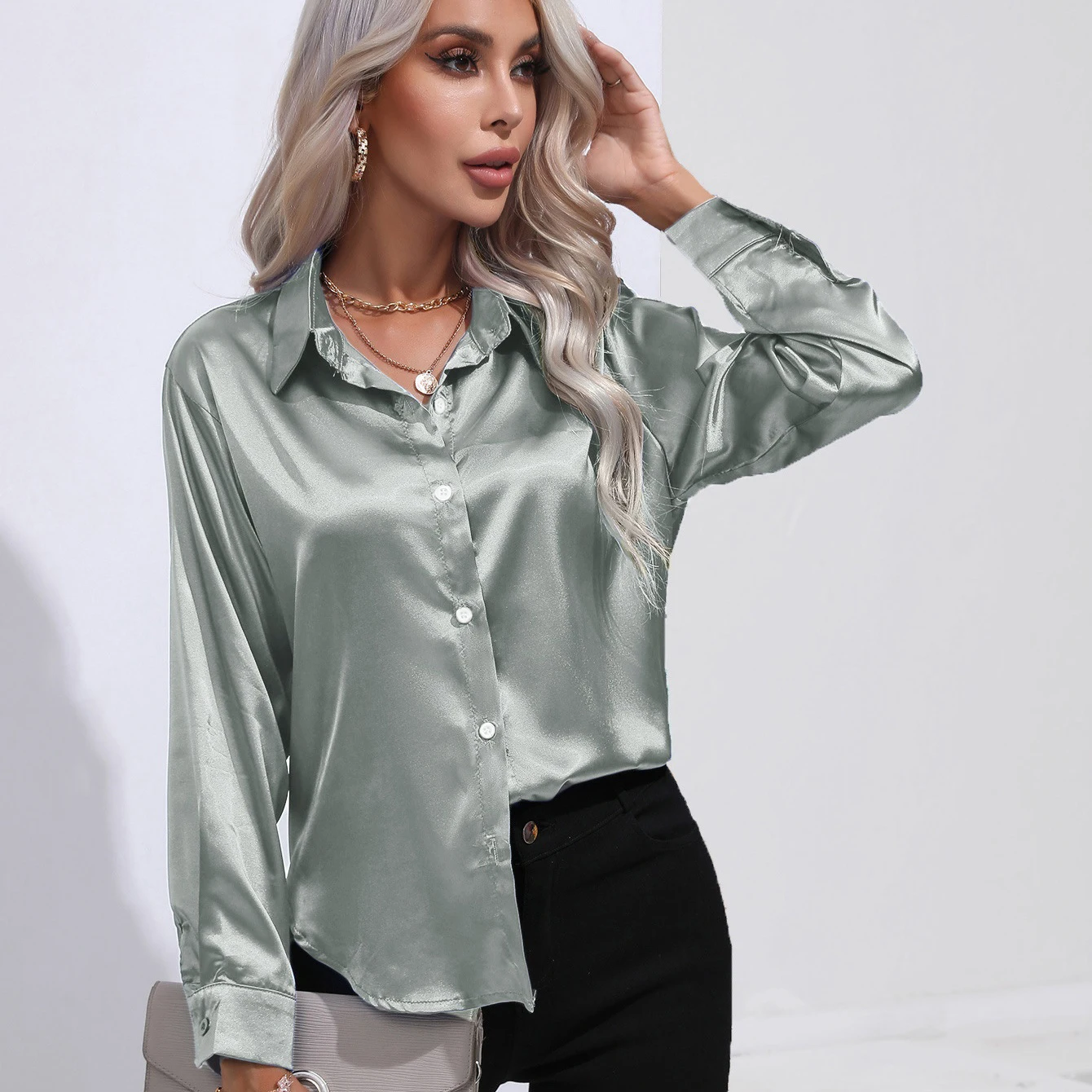 Autumn Casual Women\'s Blouses Elegant Satin Multicolor Basic Slim Shirt Solid Vintage Trend Ball Dance Party Shirt All-Match Top