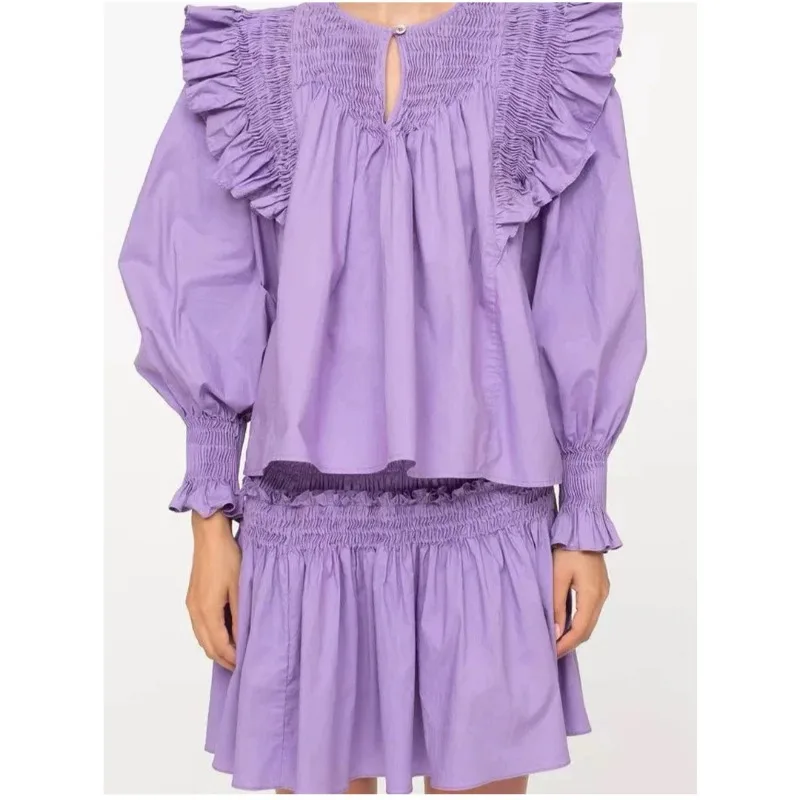 Summer Women Ruffle Puff Sleeve Blouse Smocked Tiered Mini Skirt 2 Piece Matching Outfit For Daily Vacation